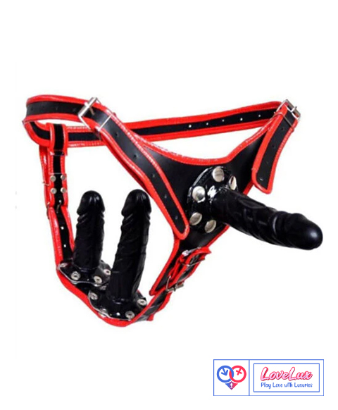 3 Dildos Red Strap On Harness