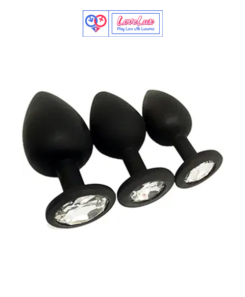 Elite 3PCS Silicone Jeweled Anal Butt Plugs Anal Trainer Set, Black SIL with Clear Gem