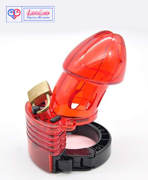 Male Chastity Lock Adult Sex Toy with Three Extended Pads for Adjusting The Distance Between The Cage and The Ring (Red)