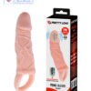 reusable silicone penis sleeve extender with vibration and ball ring design. Adds length, boosts confidence, and enhances performance skin color India by LoveLuxToys.com