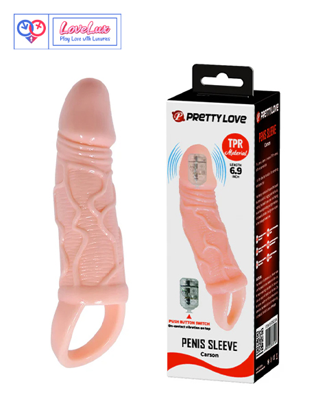 reusable silicone penis sleeve extender with vibration and ball ring design. Adds length, boosts confidence, and enhances performance skin color India by LoveLuxToys.com