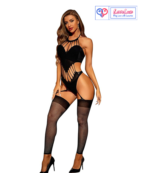 LoveLux Womens Fishnet Bodystocking Lingerie Attached Stockings Sexy Tights Halterneck Pantyhose Sleeveless Lace Bodysuit