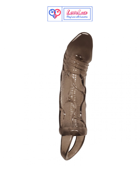 reusable silicone penis sleeve extender with ball ring design. Adds length, boosts confidence, and enhances performance black color India by LoveLuxToys.com