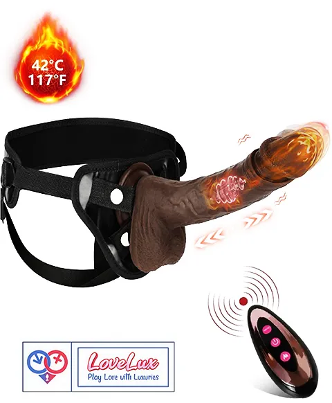 4-in-1 Remote Control 9 inch Strap-On Dildo Thrusting, Vibrating, swinging, Heating Massager Brown Tone India By LoveLuxToys