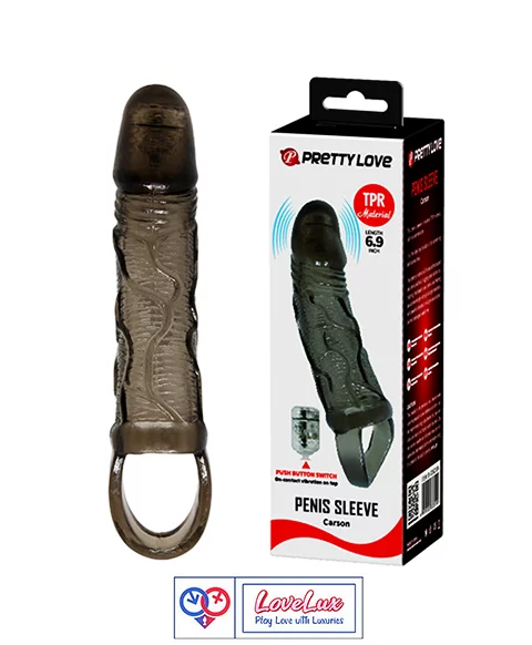 reusable silicone penis sleeve extender with vibration and ball ring design. Adds length, boosts confidence, and enhances performance black color India by LoveLuxToys.com