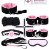 8 piece BDSM bondage kit perfect for couple mix black and pink color, hand cuffs, ankle cuffs, blindfold, mouth ball gag, whip, collar leash, rope, cross belt.